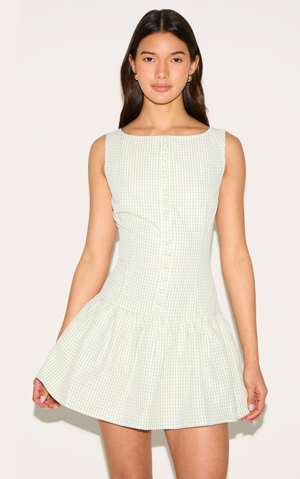 Sage Green Checked Scoop Back Button Down Shift Dress