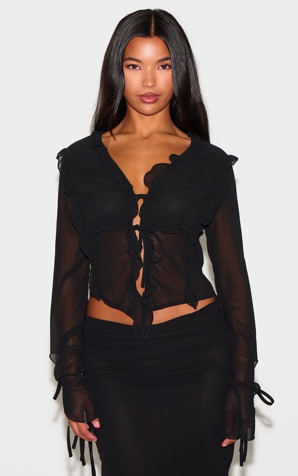 Black Chiffon Ruffle Tie Front Blouse
