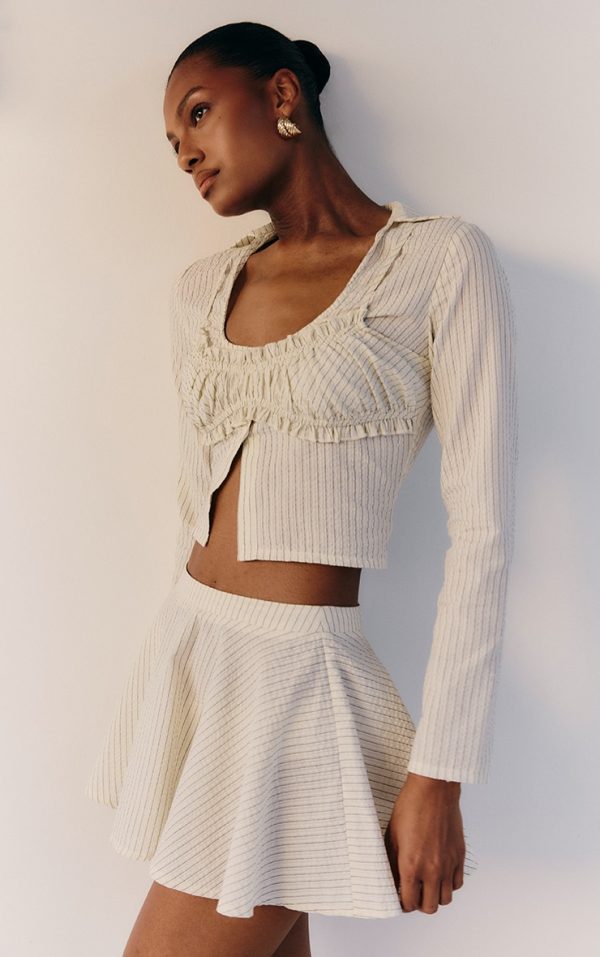 Cream Pinstripe Seersucker Flippy Mini Skirt