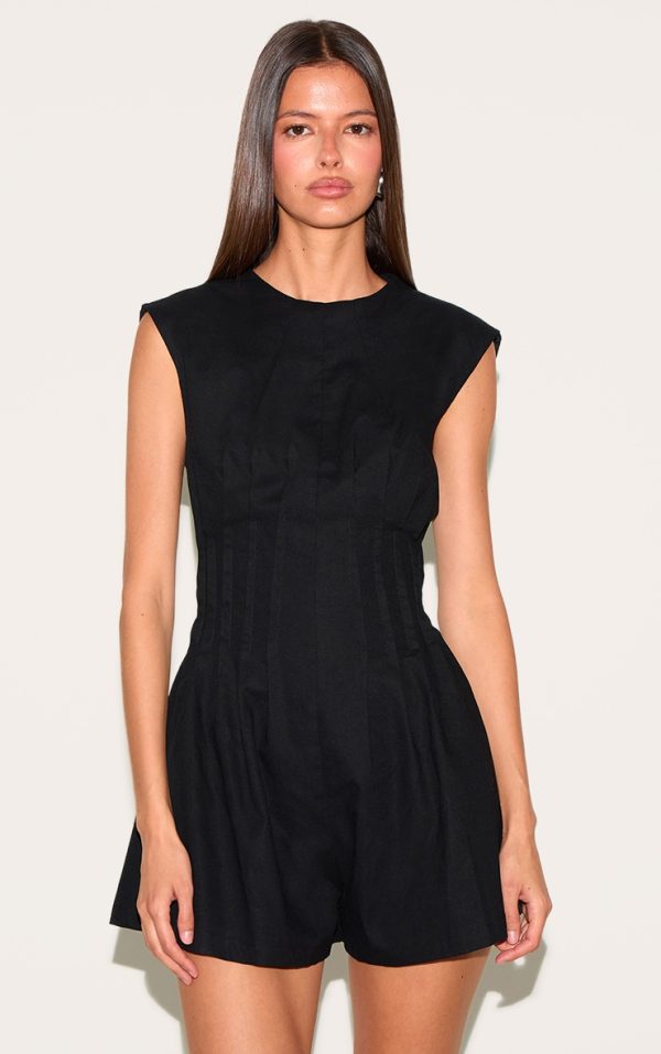 Black Cotton Cinched Waist Boat Neck Romper