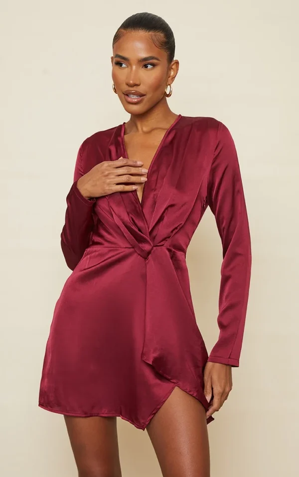 Burgundy Satin Long Sleeve Wrap Dress