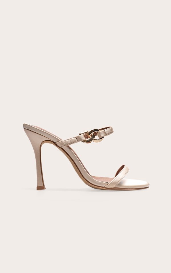 Champagne Wide Fit Satin Square Toe Linked Buckle Heeled Mules