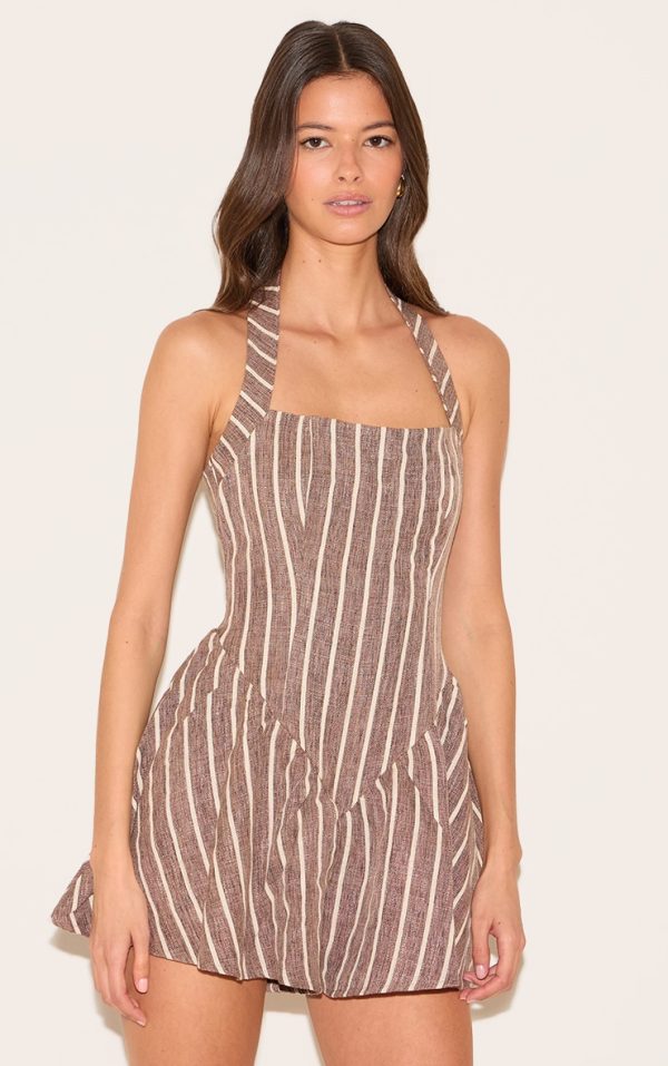 Chocolate Pinstripe Linen Halter Neck Floaty Romper