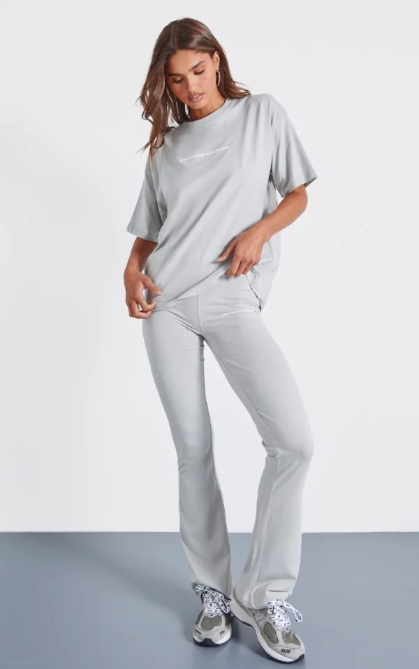 PRETTYLITTLETHING Pale Grey Printed Flared Pants