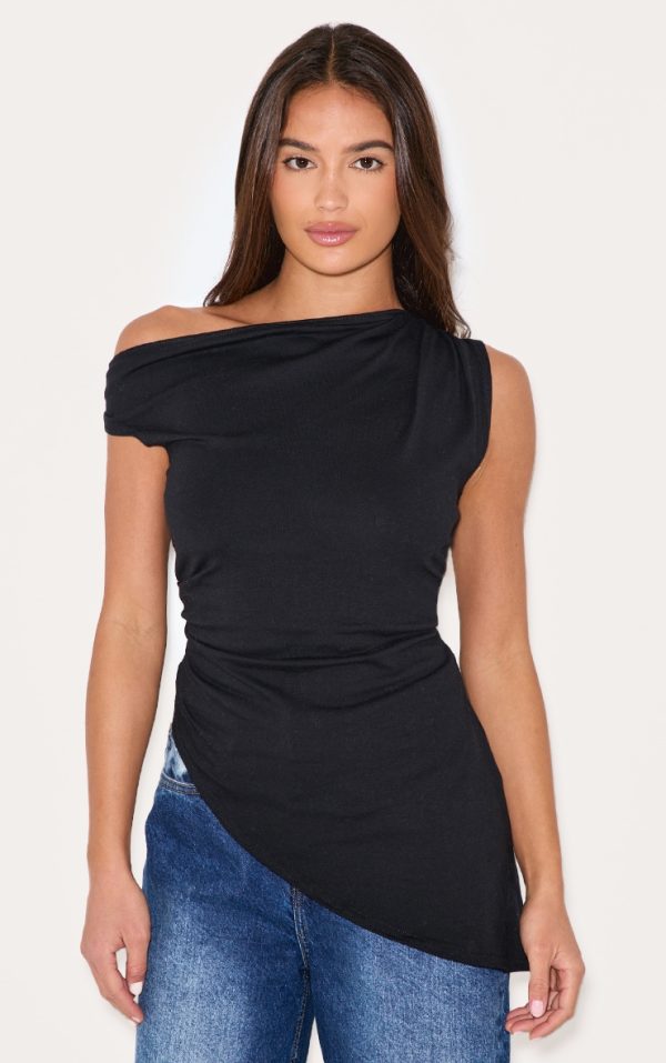 Black Asymmetric Shoulder Extreme Longline Top