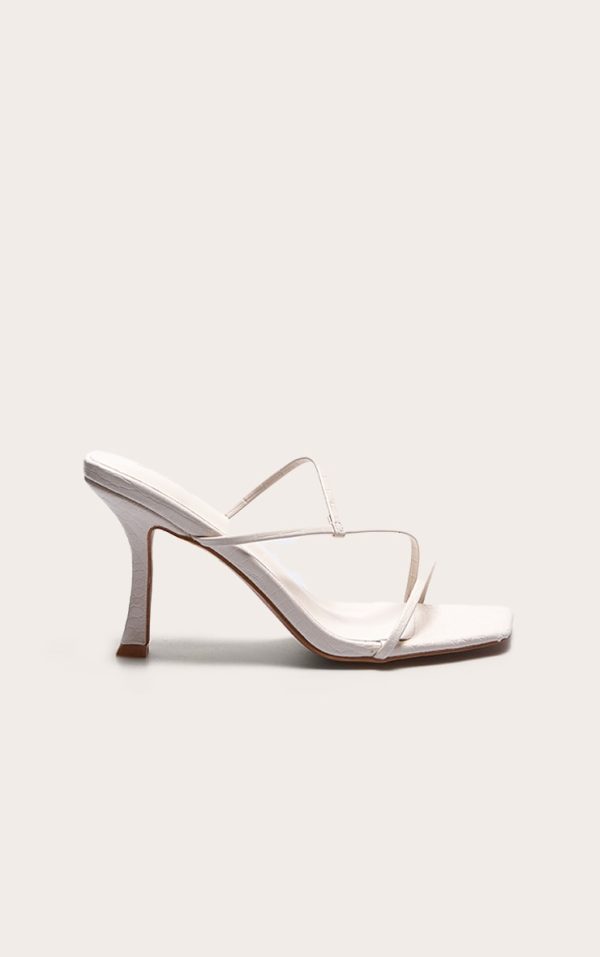 Cream Croc PU Square Toe Strappy Mid Heeled Mules