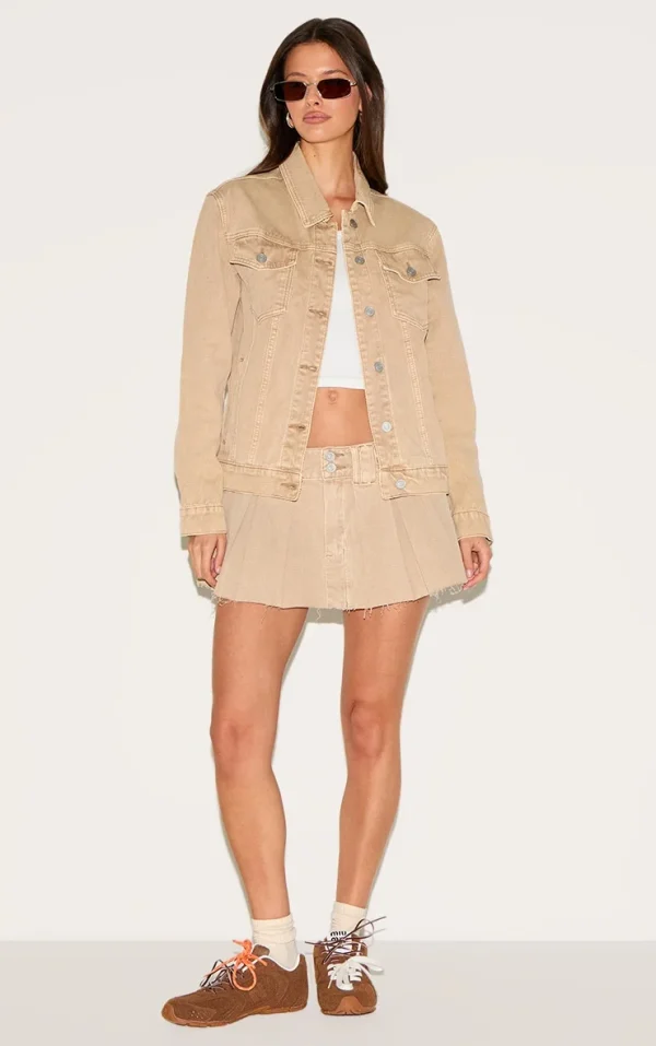 Sand Washed Corduroy Denim Mid Rise Pleated Mini Skirt