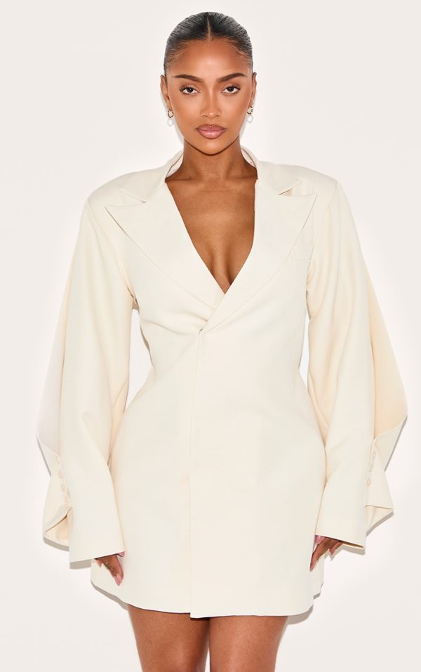 Shape Cream Tailored Pleated Sleeve Adjustable Waist Blazer Dress