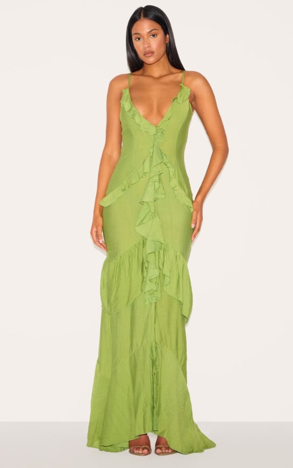 Tall Olive Frill Textured Maxi Dress
