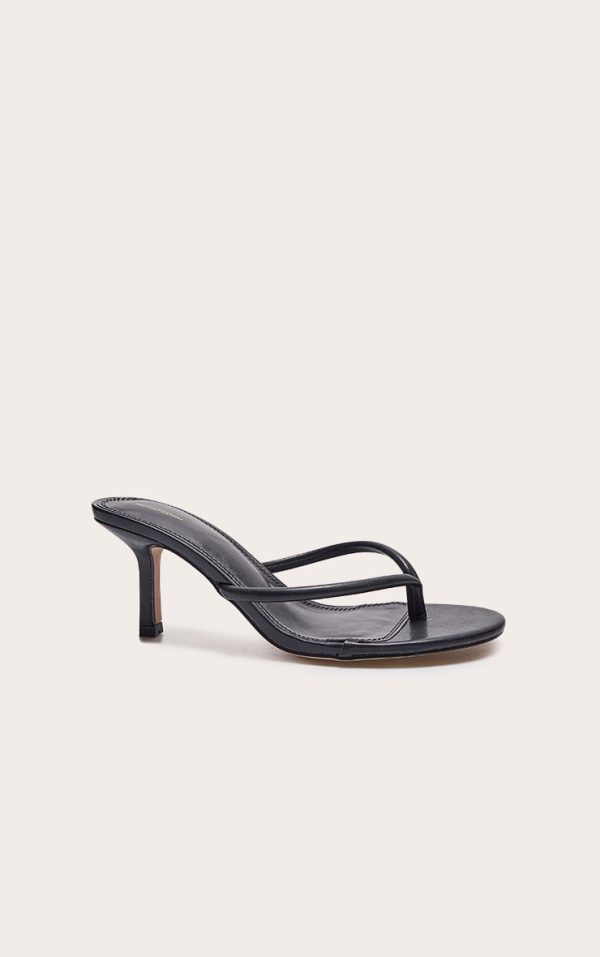 Black Pu Toe Thong Heeled Mules