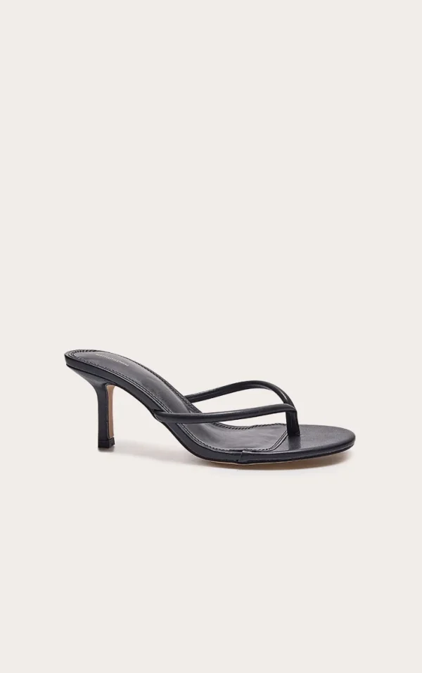 Black Pu Toe Thong Heeled Mules