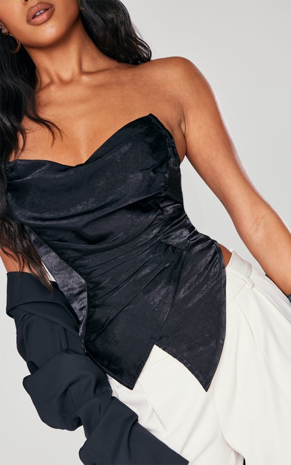 Black Hammered Satin Asymmetric Pointed Hem Corset