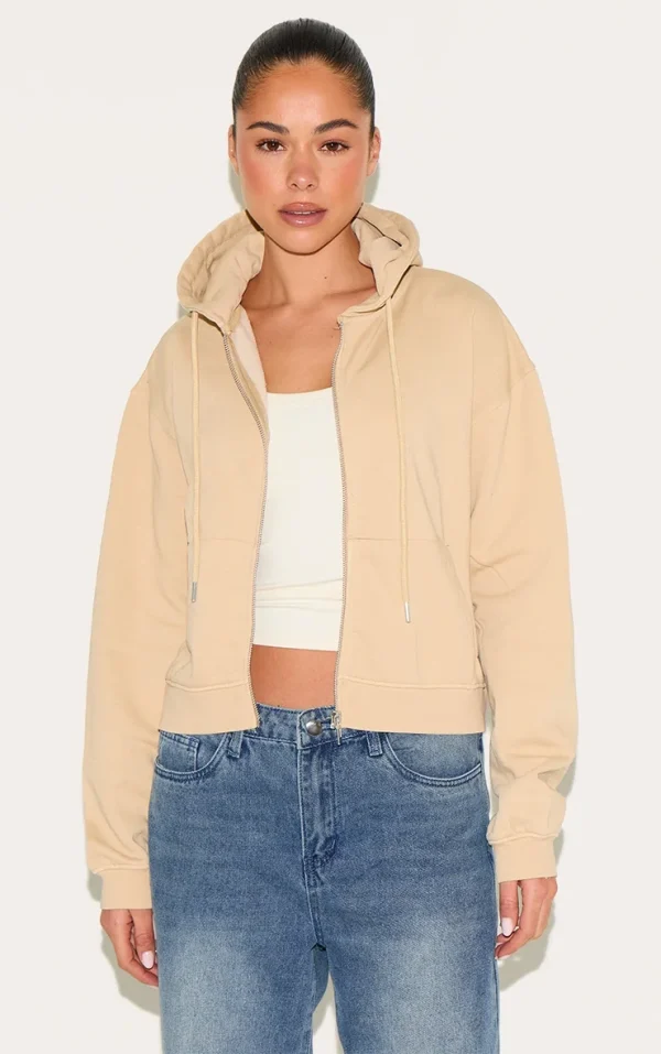 PRETTYLITTLETHING Stone Washed Embroidered Zip Up Hoodie