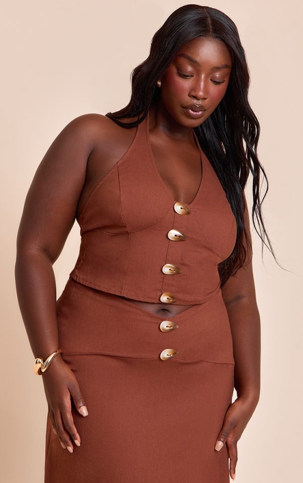 Plus Chestnut Woven Halterneck Button Detail Top