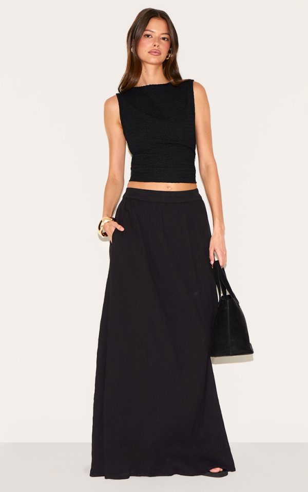 Black Cotton Cheesecloth Elasticated Waist Maxi Skirt