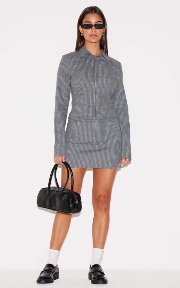 Light Grey Woven Tailored Pinstripe Mini Skirt