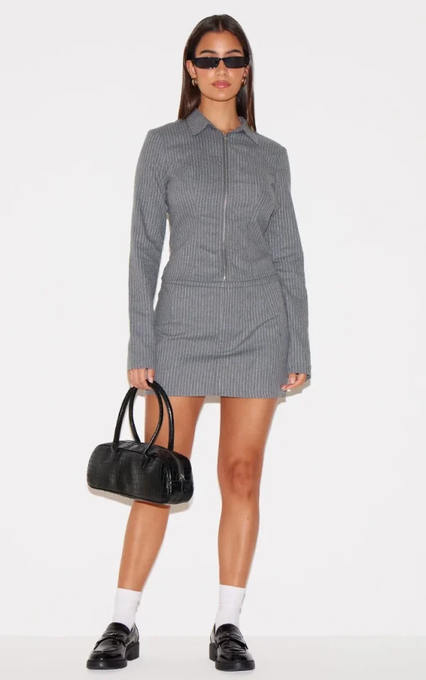 Light Grey Woven Tailored Pinstripe Mini Skirt