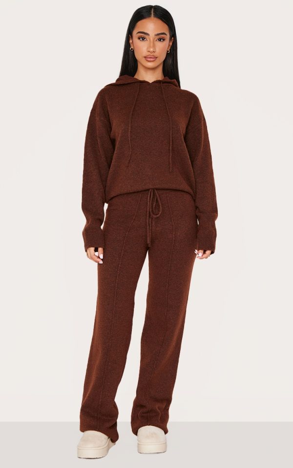 Petite Chocolate Knitted Seam Detail Wide Leg Pants