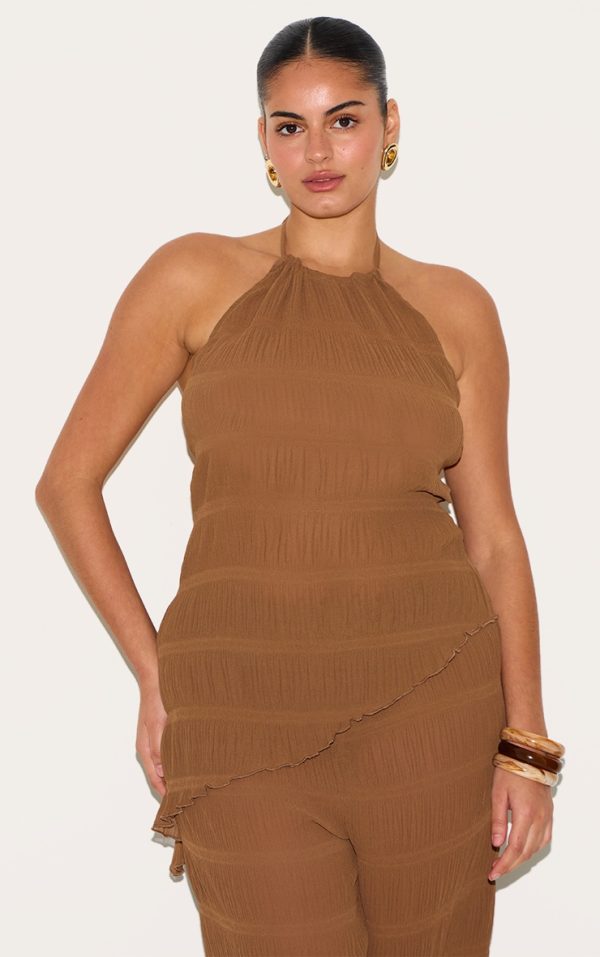 Plus Chocolate Textured Woven Backless Sheer Asymmetric Long Top