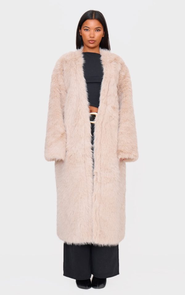 Stone Faux Fur Collarless Coat