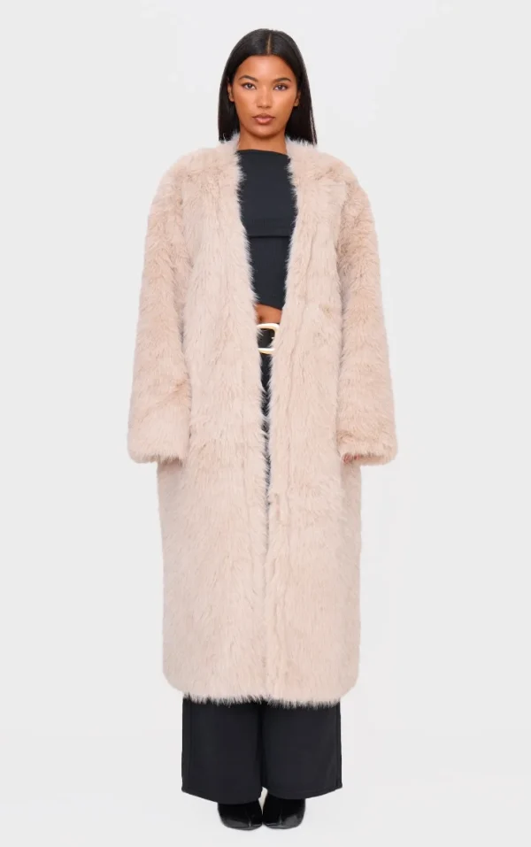 Stone Faux Fur Collarless Coat