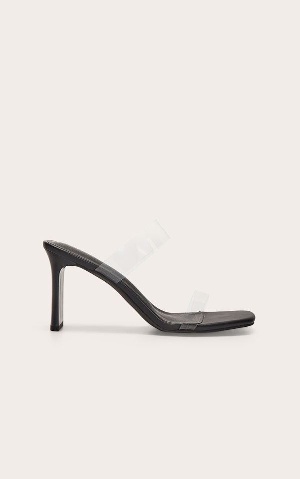 Black Pu Square Toe Perspex Straps High Thin Block Heeled Mules
