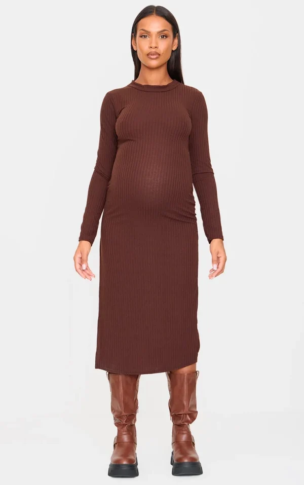Maternity Dark Chocolate Ribbed Long Sleeve Midi Dress