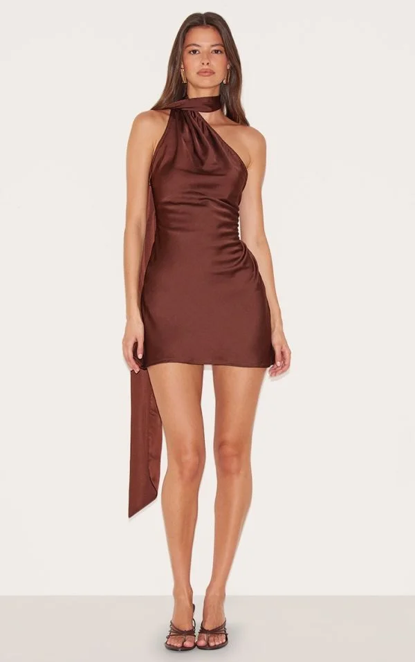Chocolate Satin Scarf Detail Bodycon Dress