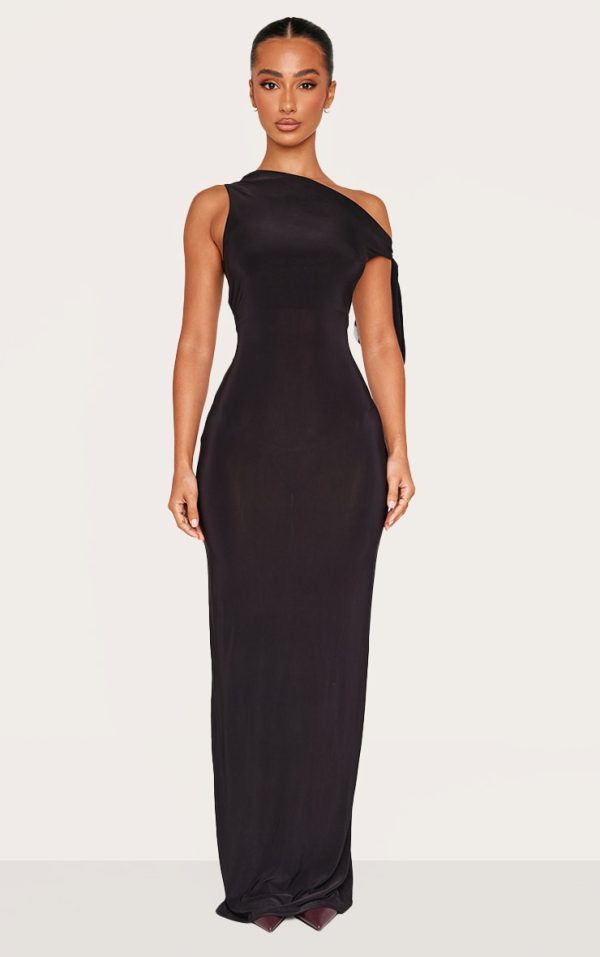 Petite Black Slinky Knot Detail Maxi Dress