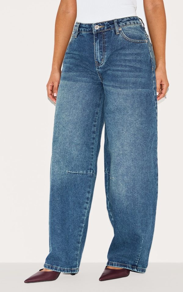 Petite Blue Denim Seam Detail Barrel Leg Jeans