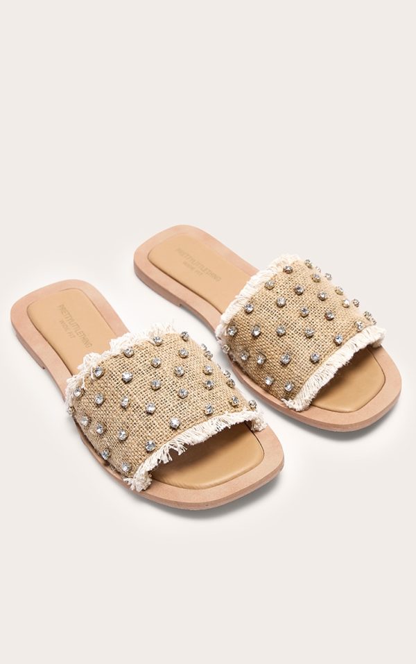 Cream Wide Fit Round Toe Raffia Fringed Diamante Woven Flat Mule Sandals