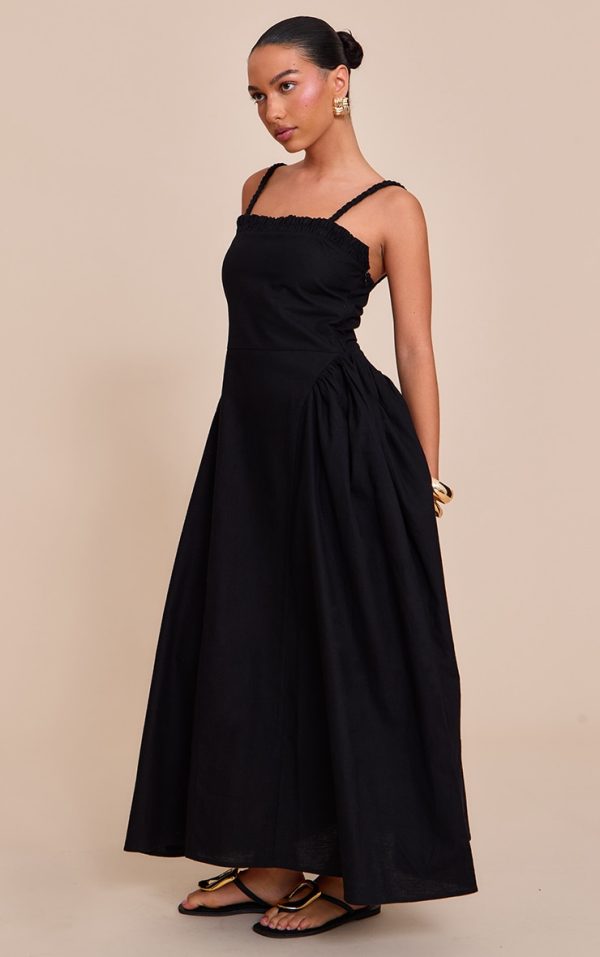 Black Braided V Waist Midaxi Dress