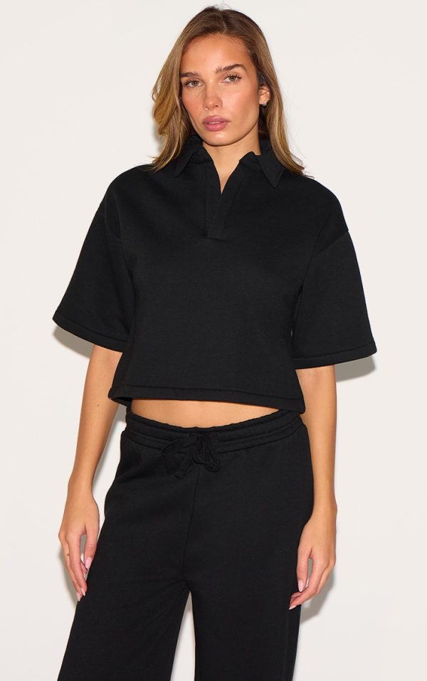 Black Boxy Collar Detail Cropped Sweatshirt