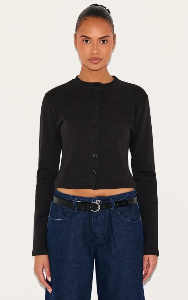 Black Button Up Fitted Sweatshirt
