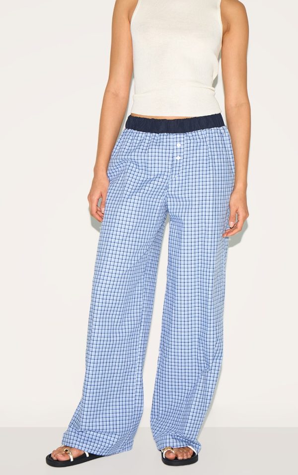 Blue Checked Contrast Waistband Boxer Wide Leg Pants