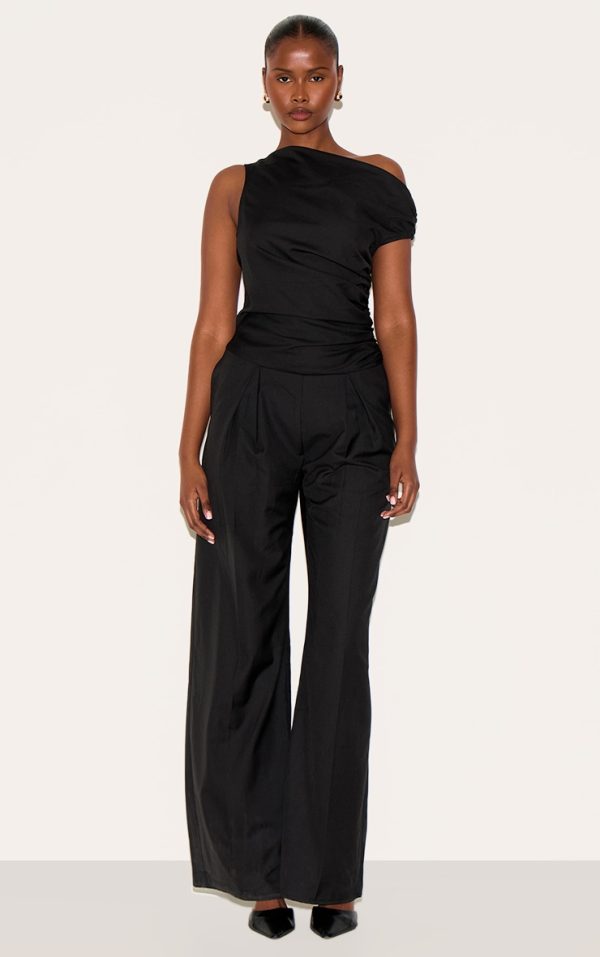 Black Woven Ruched One Sleeve Jumpsuit