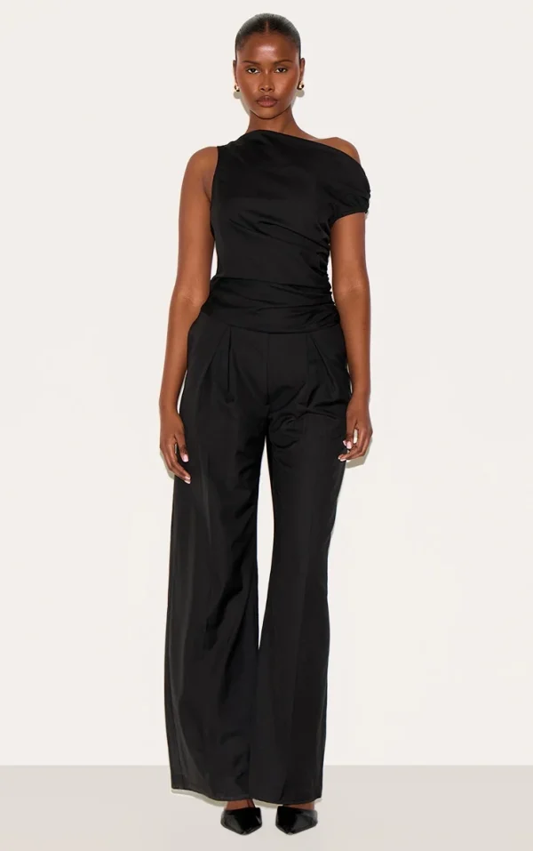 Black Woven Ruched One Sleeve Jumpsuit