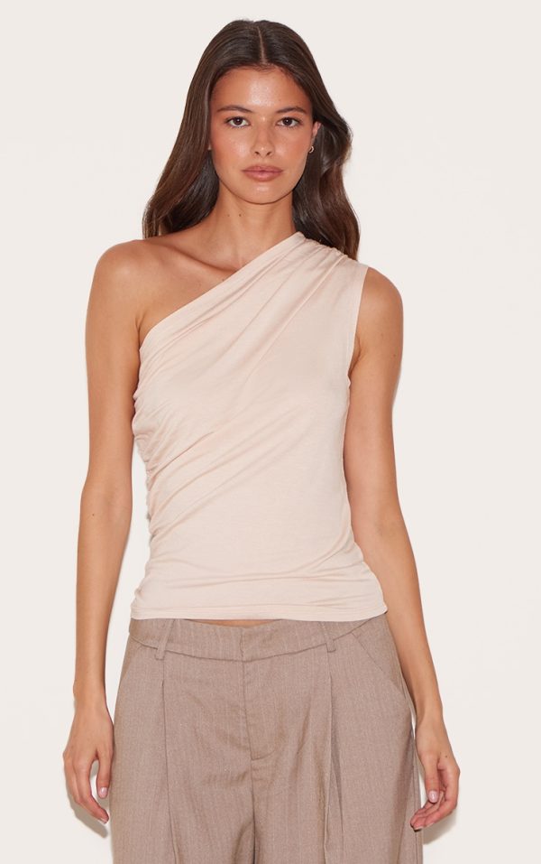 Cream Soft Cotton Asymmetric One Shoulder Top