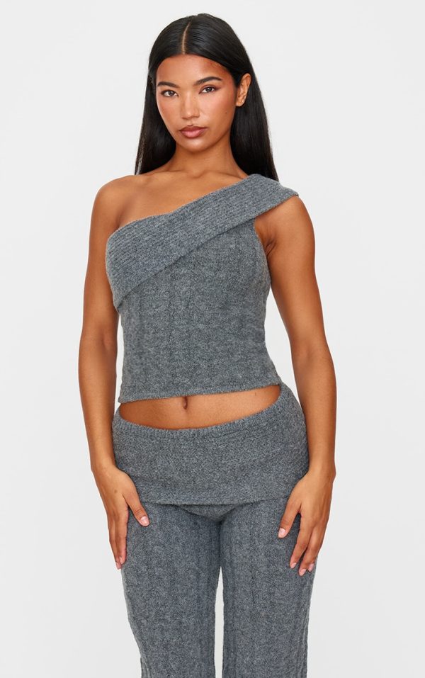 Charcoal Marl Textured Knit Foldover Bandeau Top