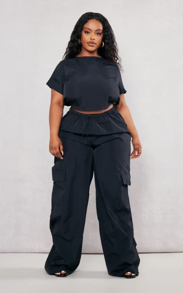 Plus Black Nylon Wide Leg Cargo Pants