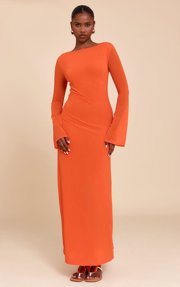 Red Chiffon Boat Neck Long Sleeve Maxi Dress