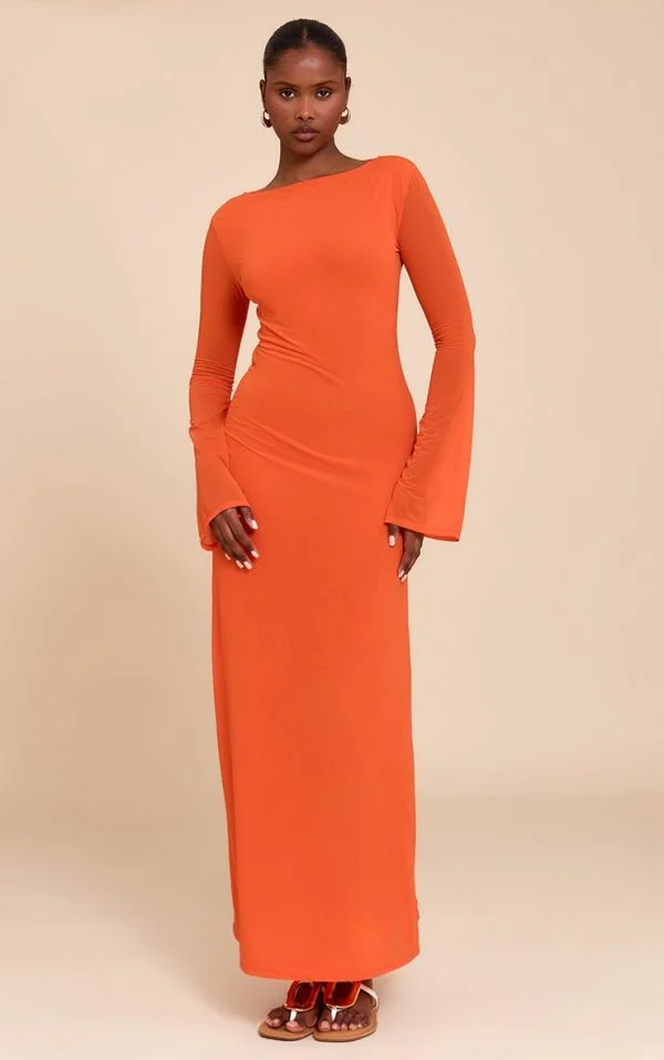 Red Chiffon Boat Neck Long Sleeve Maxi Dress