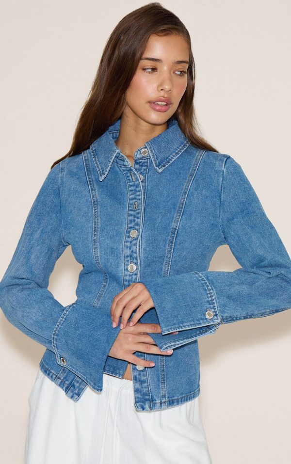 Mid Blue Wash Long Sleeve Cinch Waist Denim Shirt