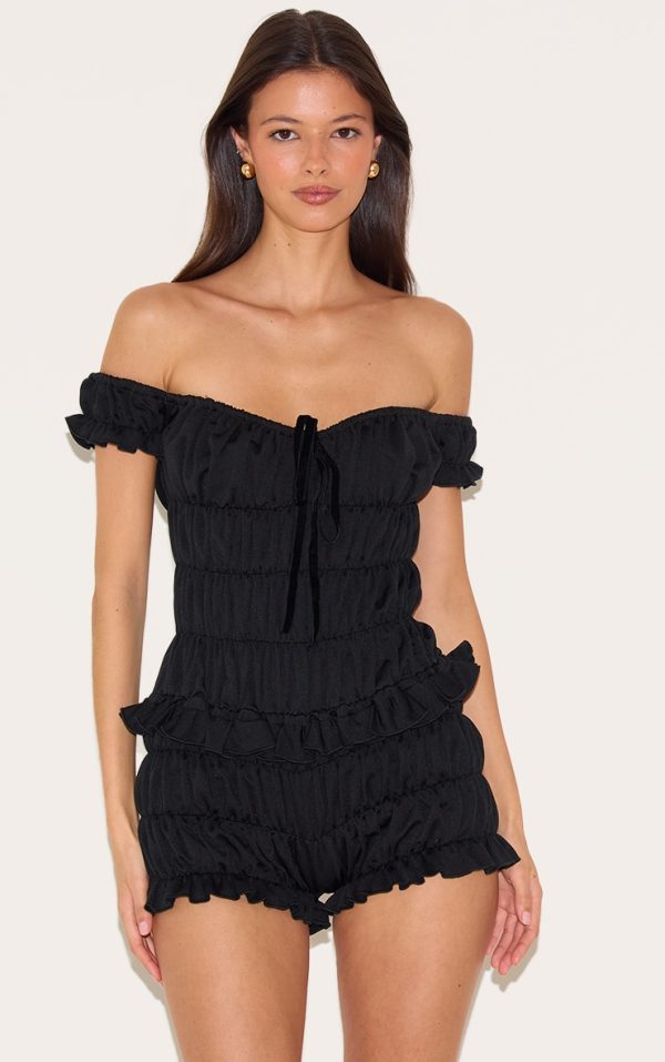 Black Extreme Ruched Bardot Romper
