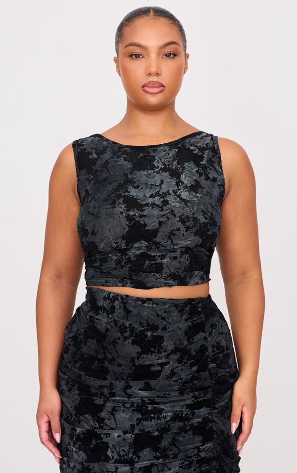 Plus Black Devore Detail Sleeveless Long Top