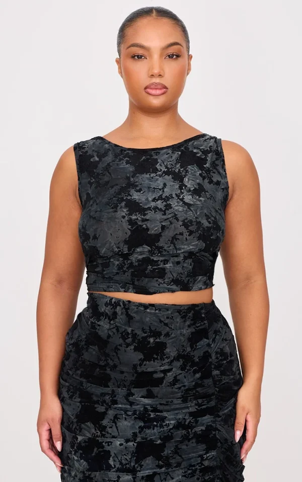 Plus Black Devore Detail Sleeveless Long Top