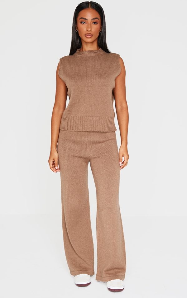 Petite Taupe Marl Soft Knit Wide Leg Pants