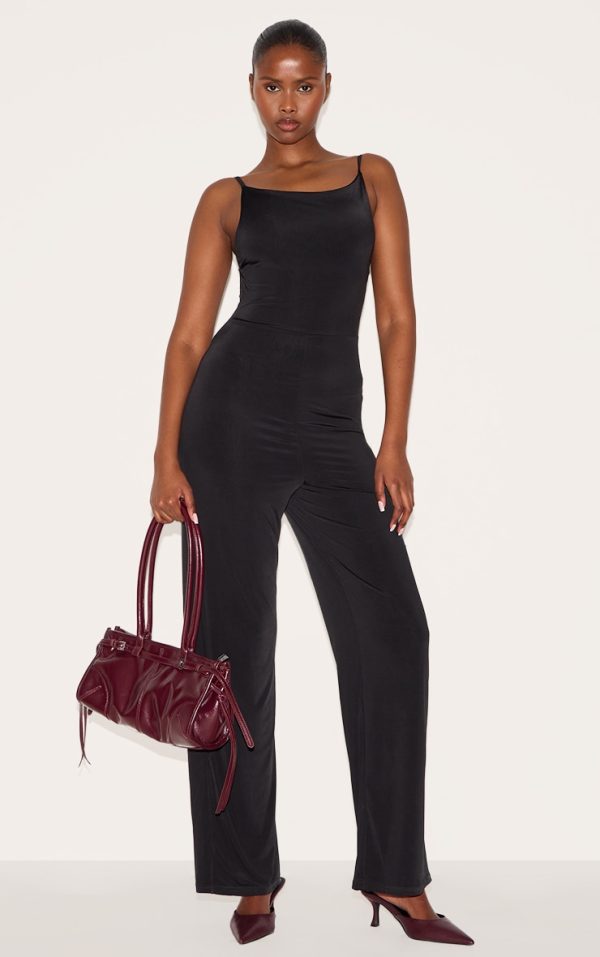 Black Double Layer Slinky Low Back Strappy Wide Leg Jumpsuit