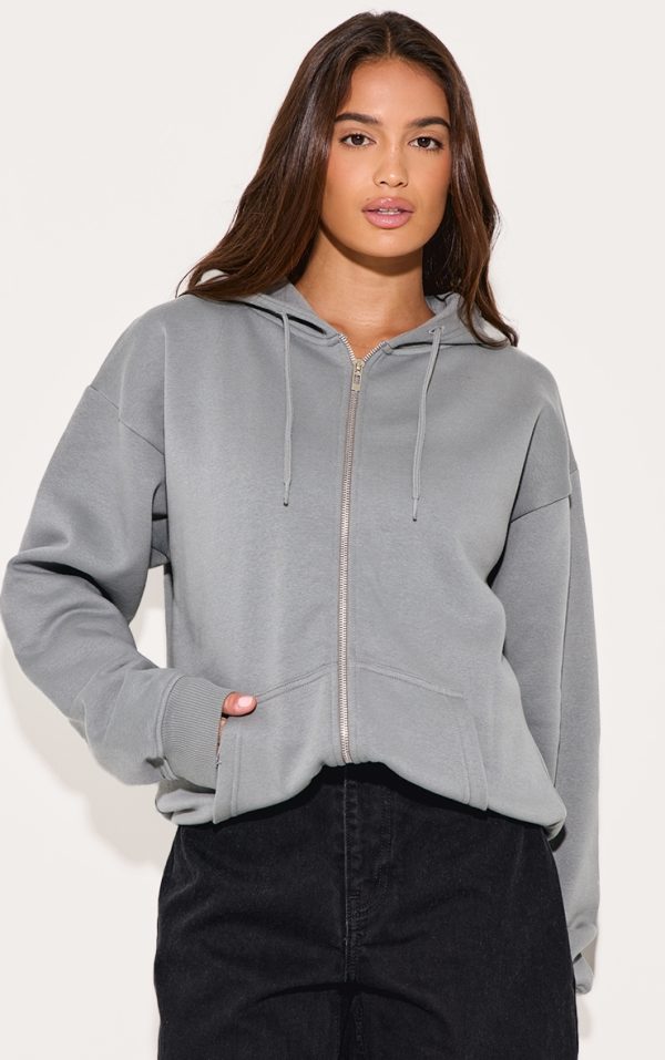 Light Grey Oversized Zip Up Plain Front Hoodie