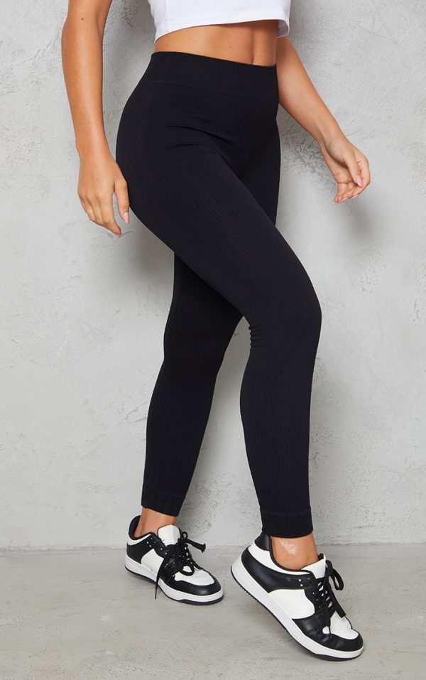 Black Structured Snatched Rib Cuffed Detail Leggings